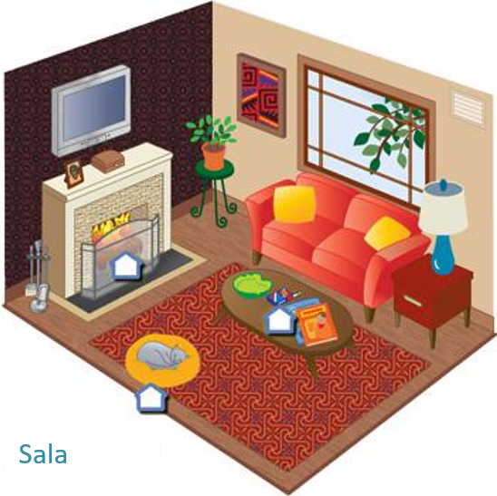 Corte transversal ilustrado de una sala de estar