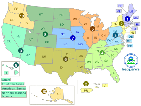 Map of the US, split into EPA 
regions