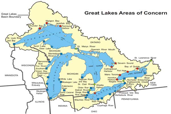 map showing location and status of all US and Canadian Great Lakes AOCs