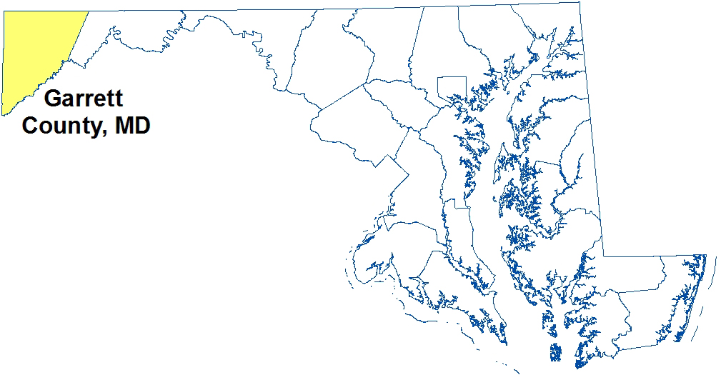 Map highlighting the location of Garrett County, Maryland. 