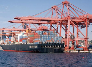 A photograph of a container ship and gantry cranes.