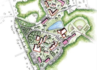 Artistic rendering of master plan for East Georgia State College including planters, bioswales, habitat conservation.