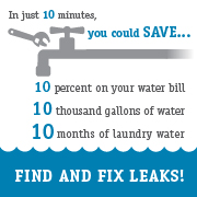 Graphic of how taking 10 minutes to look for leaks can save you ten thousand gallons of water.