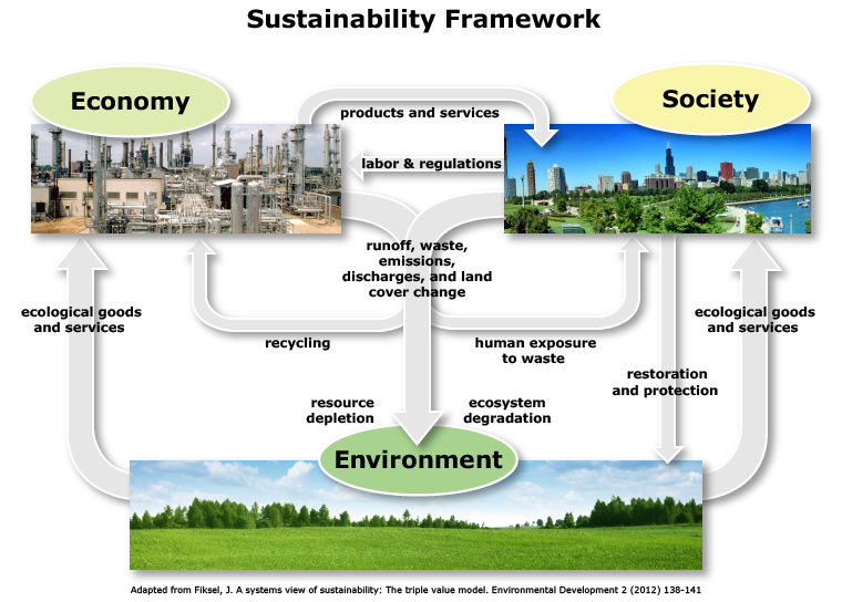 This conceptual framework shows the flows along three interrelated and interacting systems: economy, society, and environment. The environment provides ecological services to the economy and to society. The economy produces products and services for socie
