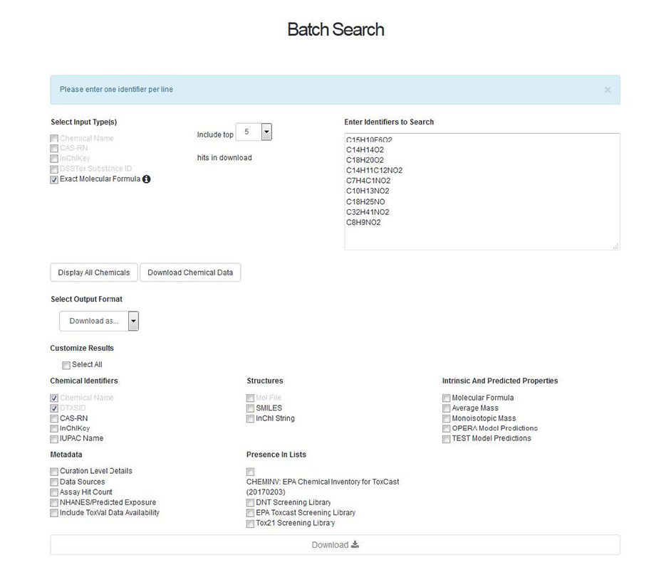 Chemistry Dashboard Batch Search