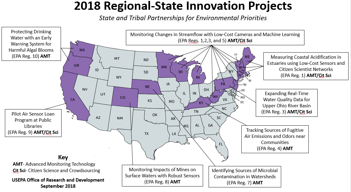 US Map showing locations of 2018 Regional State Innovation Projects