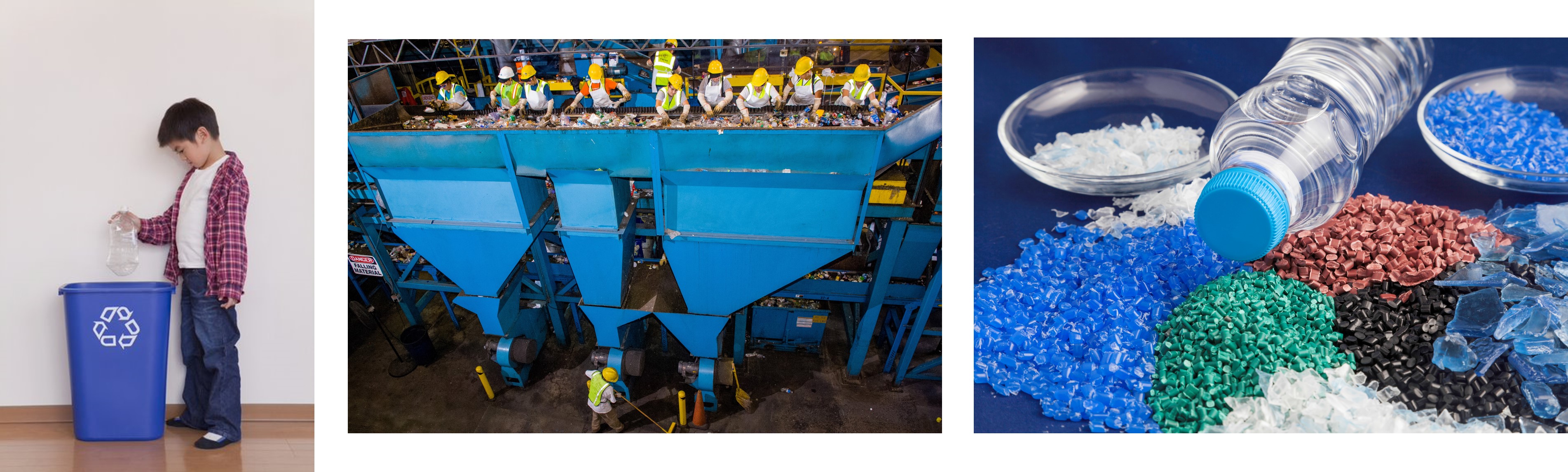 This is a horizontal collage of 3 pictures. From L to R, the first is a boy holding an empty plastic bottle above a blue bin; the second is of workers at a conveyor belt, sorting materials; & the third is of different colored recycled plastic granules