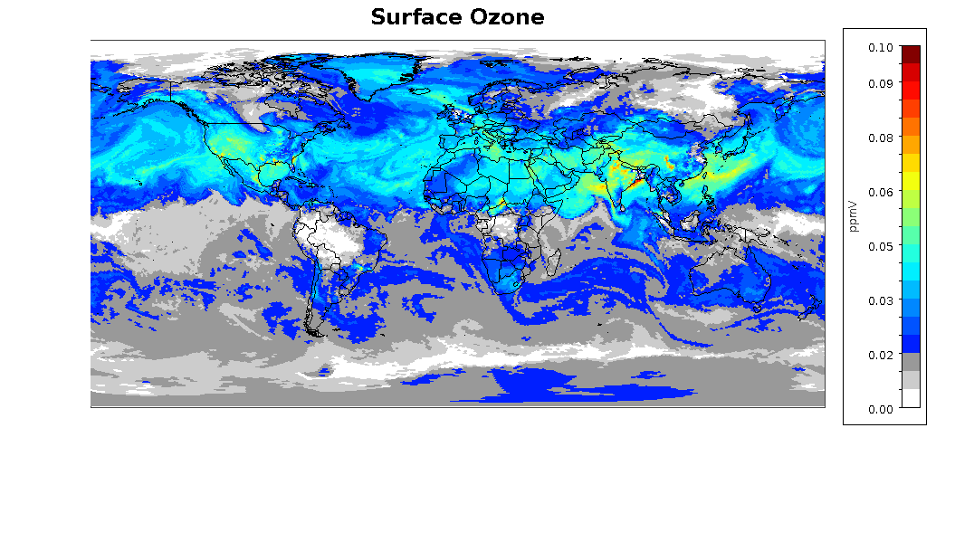 Animation of global surface ozone from the prototype MPAS-CMAQ simulation