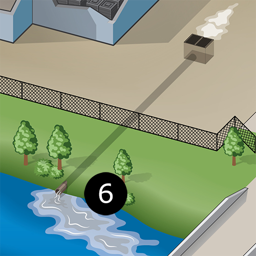 Illustration of surface water discharges occurring at a storm drain at the fictional facility.