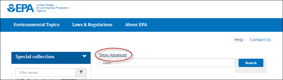 Red circle highlighting the "Show Advanced" link above the search box on the EPA search results page. 