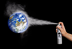 aerosol can spraying a model of Earth