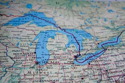 The Great Lakes shown on a map of the US and Canada