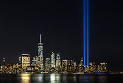 blue lights marking location of former World Trade Center