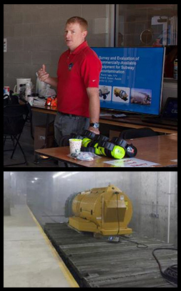 Photos from the Underground Transportation Restoration project. Top: EPA researcher giving a briefing for a field-scale demo. Bottom: researchers use an orchard sprayer to decontaminate a subway station.