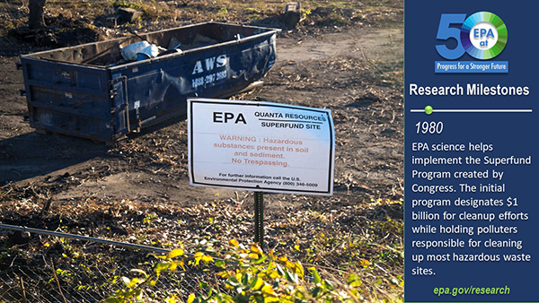 1980-EPA science helps implement the Superfund Program created by Congress. The initial program designated $1 billion for cleanup efforts while holding polluters responsible for cleaning up most hazardous waste sites.