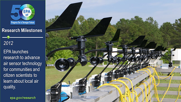 2012-EPA launches research to advance air sensor technology for communities and citizen scientists to learn about local air quality. Row of air sensors.