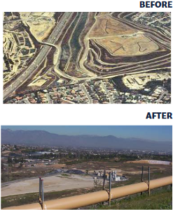 Before and after photographs of Monterey Park, California, showing transformation from a contamintaed landfill to the onterey Market Place shopping center
