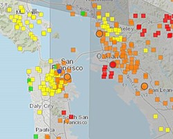 San Francisco Bay Area Map sith yellow, orange, and red squares showing air quality.