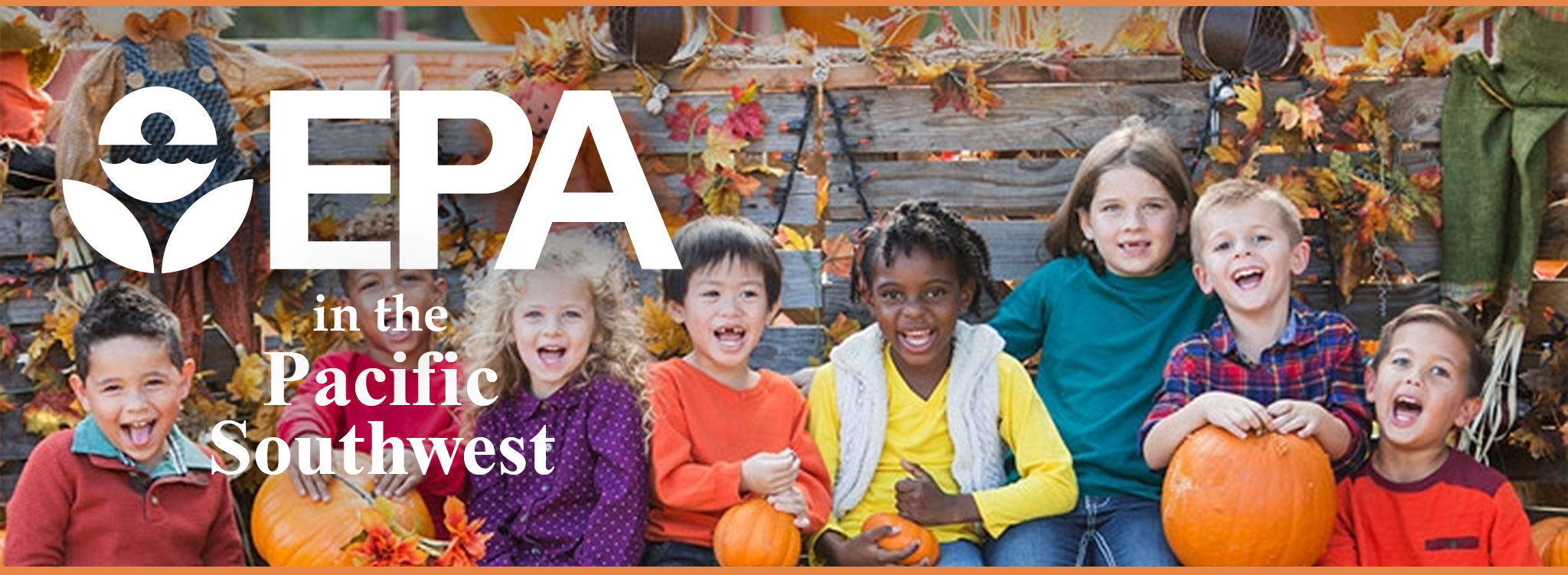 Text: EPA in the Pacific Southwest. Image: Children in pumpkin patch, fall colors