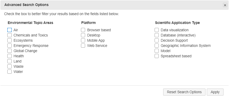 Screen shot of Advanced Search Grouped by three categories