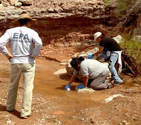 Workers taking water samples from a creek