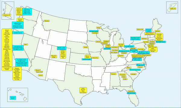 Map of the United States showing all of the cities and counties featured in examples in the tool. View the PDF below for an accessible version of this information.