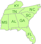 Image of states in Region 4: Alabama, Florida, Georgia, Mississippi, North Carolina, South Carolina, Tennessee
