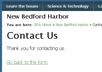 The Thank You page generated after submitting a comment to the New Bedford Harbor site in Drupal Web CMS.  It links back to the Contact Us form.