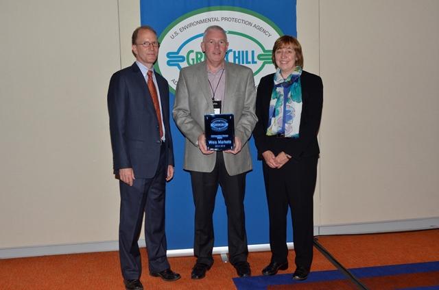 Tom Land of EPA, Kevin Small of Weis Markets, and Diana Escher EPA’s Region 3 Air Protection Director. Weis earned the Distinguished Partner Award and an emissions reduction Goal Achievement Award. 