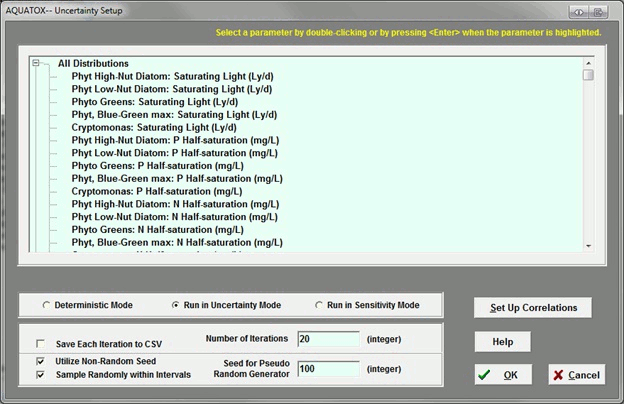 user specified correlations to uncertainty setup screen