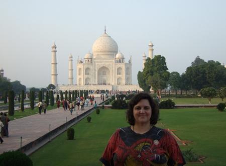 Felicia on a trip to India in front of the Taj Mahal.