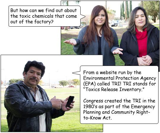 Rosie responds, 'But how can we find out about the toxic chemicals that come out of the factory?'  Miguel, points to his phone while answering Rosie, 'From a website run by the Environmental Protection Agency (EPA) called TRI! TRI stands for 'Toxics Release Inventory'. Congress created the TRI in the 1980’s as part of the Emergency Planning and Community Right-to-Know Act.'
