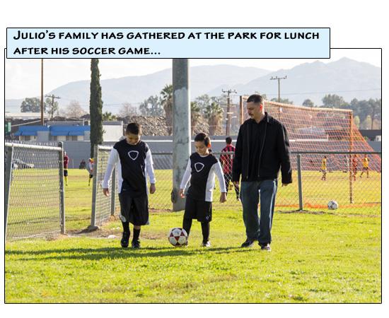Julio and Johnny kick a soccer ball together while walking with their father, Cesar, in the park.