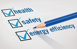 A checklist with the words Health, Safety and Energy Efficiency