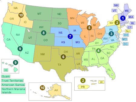 Map of the US, split into EPA regions