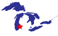 Map of the Great Lakes showing general location of the Kalamazoo River AOC