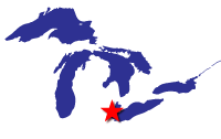 Map of the Great Lakes showing general location of the Rouge River AOC