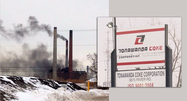 Photo group showing Tonawanda Coke facility sign and stacks with dark smoke and fac