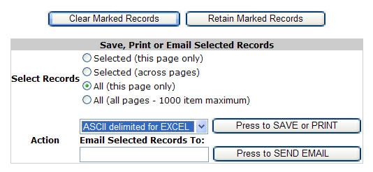 Screenshot showing how to select all records from the page and save them in ASCII delimited format for EXCEL