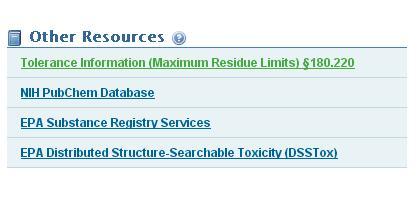 The Other Resources area on the chemical search information page lists options including tolerance information and access to resources such as NIH PubChem Database.