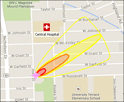 On this sample MARPLOT map, a point object (a hospital) has been drawn on the map and a tricolored ALOHA threat zone estimate is also displayed. The Google Streets basemap is the background image of the map.