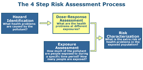 This diagram illustrates the four (4) steps to a Human Health Risk Assessment Process, this one highlighting dose-response assessment as step 2.