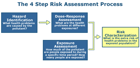 This diagram illustrates the four (4) steps to a Human Health Risk Assessment Process, this one highlighting risk characterization as step 4.