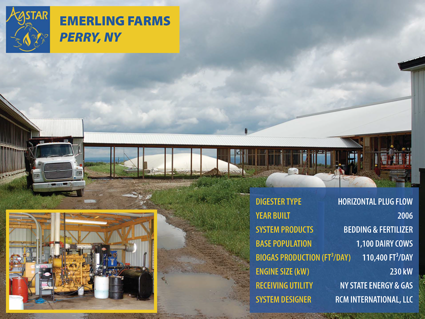 Emerling Farms, Perry, NY: horizontal plug flow digester; built in 2006; products are bedding and fertilizer; base pop. is 1,100 dairy cows; biogas production is 110,400 ft3/day; 230 kW engine; utility is NY State Energy and Gas; designer is RCM Int.
