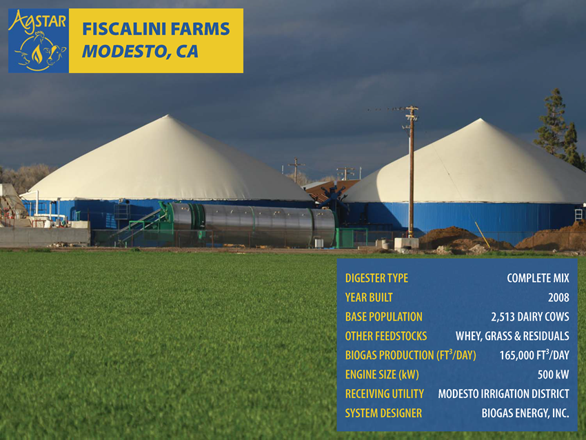 Fiscalini Farms, Modesto, CA: complete mix digester; built in 2008; base pop. is 2,513 dairy cows; feedstocks incl. whey, grass and residuals; biogas prod. is 165,000 ft3/day; 50 kW engine; utility is Modesto Irrigation Dist.; design. Biogas Energy