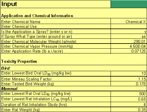 Hypothetical Input Screen with inputs and values for: Application and Chemical Information; Toxicity Properties (for Bird and Mammal).