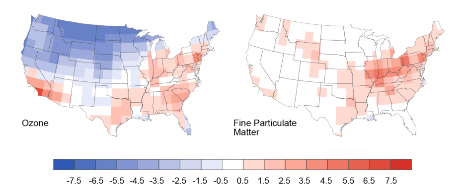 Set of two maps of the U.S. showing the projected change in annual-average ground-level hourly ozone and fine particulate matter from 2000 to 2100 under the CIRA Reference scenario. 