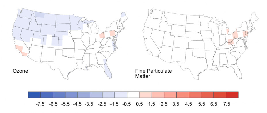 Set of two maps of the U.S. showing the projected change in annual-average ground-level hourly ozone and fine particulate matter from 2000 to 2100 under the CIRA Mitigation scenario. 
