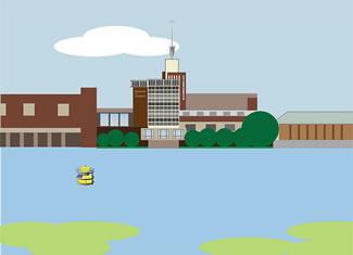 This is a graphic of the buoy in front of the Boston Museum of Science with a depiction of an algae bloom.
