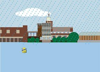 This is a graphic of the buoy in front of the Boston Museum of Science with a depiction of rain.